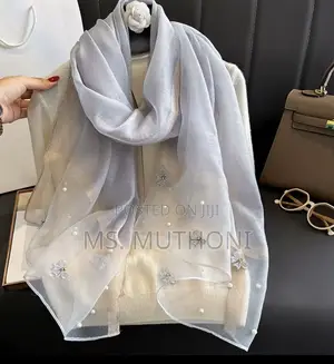 Luxury Chiffon Butterfly Embroidered Scarf Featuring Pearl Detailing