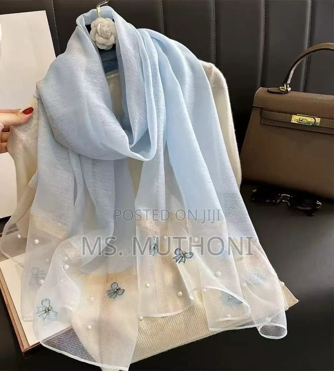 Luxury Chiffon Butterfly Embroidered Scarf Featuring Pearl Detailing