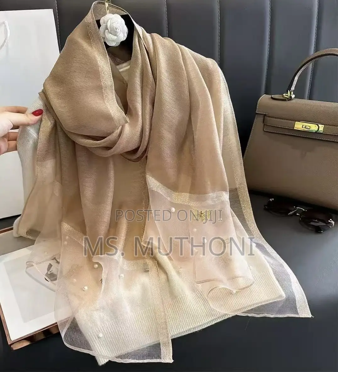 Luxury Chiffon Butterfly Embroidered Scarf Featuring Pearl Detailing
