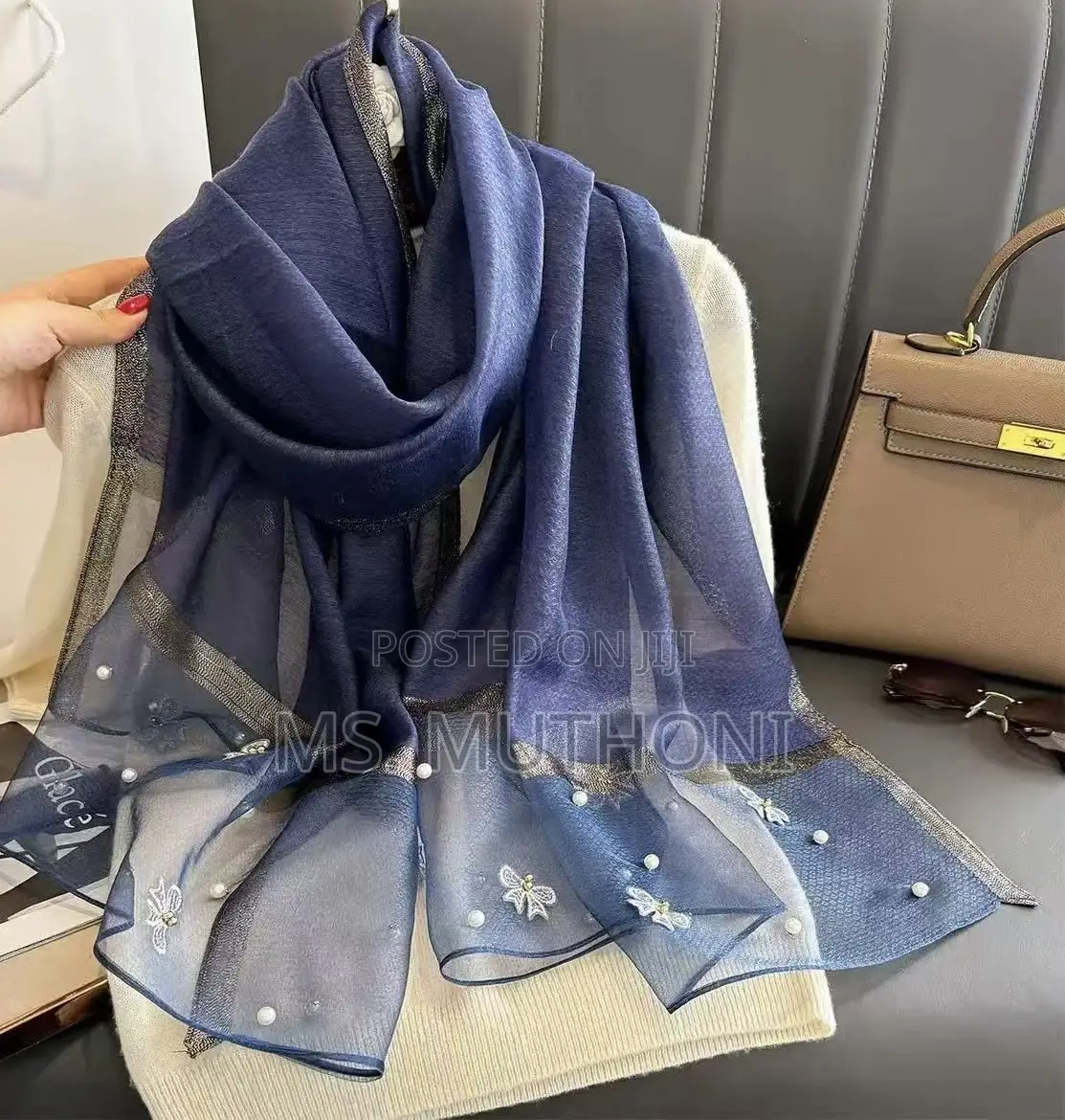 Luxury Chiffon Butterfly Embroidered Scarf Featuring Pearl Detailing