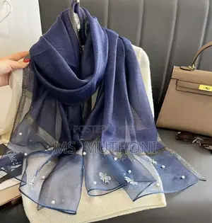 Luxury Chiffon Butterfly Embroidered Scarf Featuring Pearl Detailing
