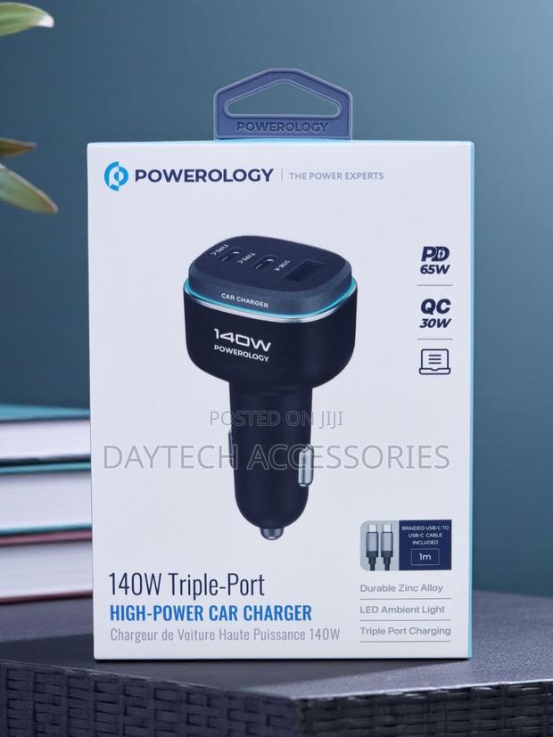 This Is a Powerology 140w Triple-Port High-Power Car Charger in Black