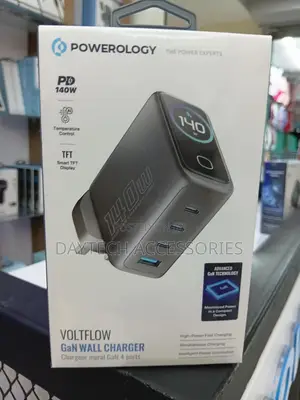 Powerology Voltflow 140w Gan Wall Charger Featuring Smart TFT Display