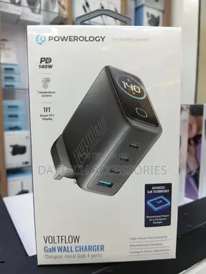 Powerology Voltflow 140w Gan Wall Charger Featuring Smart TFT Display