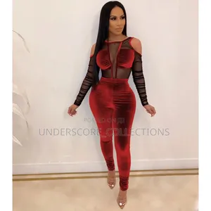 Women's Bodycon Velvet and Sheer Mesh Patchwork Jumpsuit