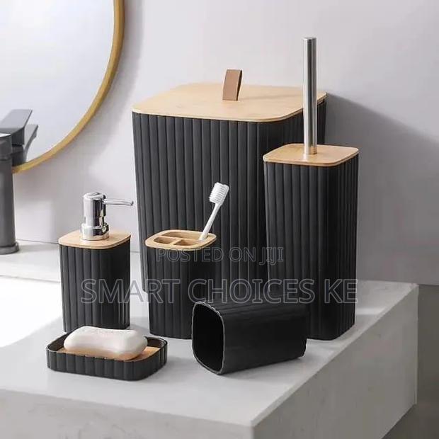 6 in 1 Bathroom Accessories Set With Wooden Top - thumbnail 2