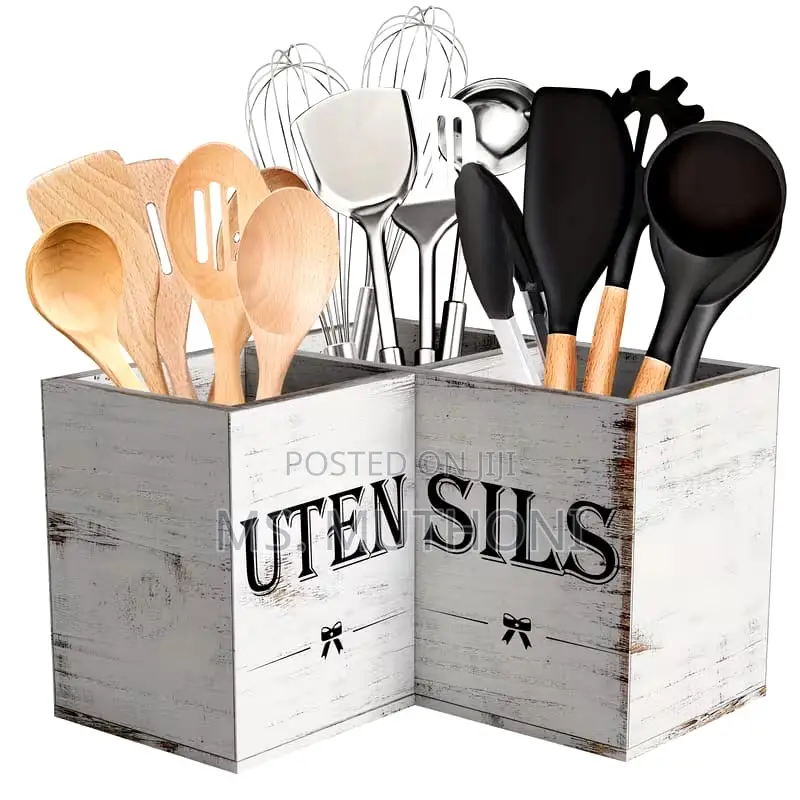 *Wooden Kitchen Utensils Holder With a White Rustic Finish*
