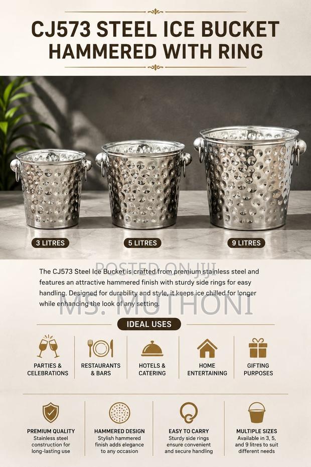 Steel Ice Bucket – Hammered Finish With Ring Handle - thumbnail 2