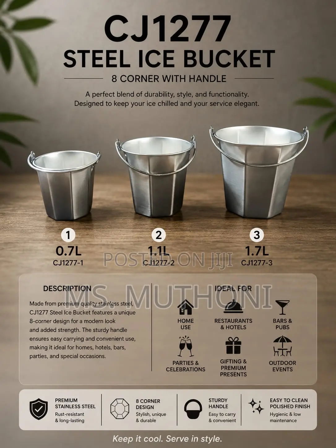 Steel Ice Bucket – 8 Corner Design With Handle 