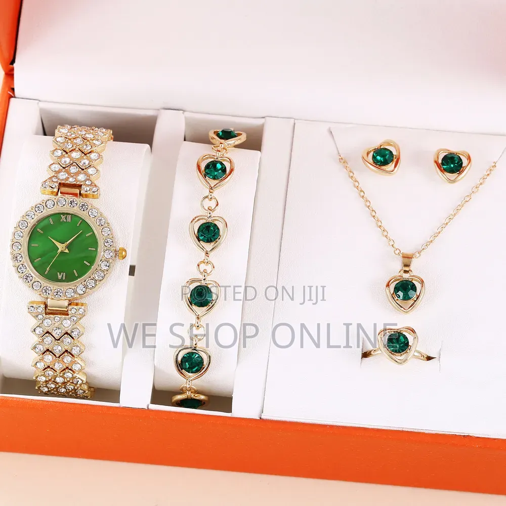 5pc Set Elegant Heart Green Design Ladies Jewelry Gift Set