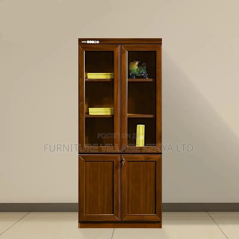2-Door Mahogany Glass Front Shelf Filling Cabinet