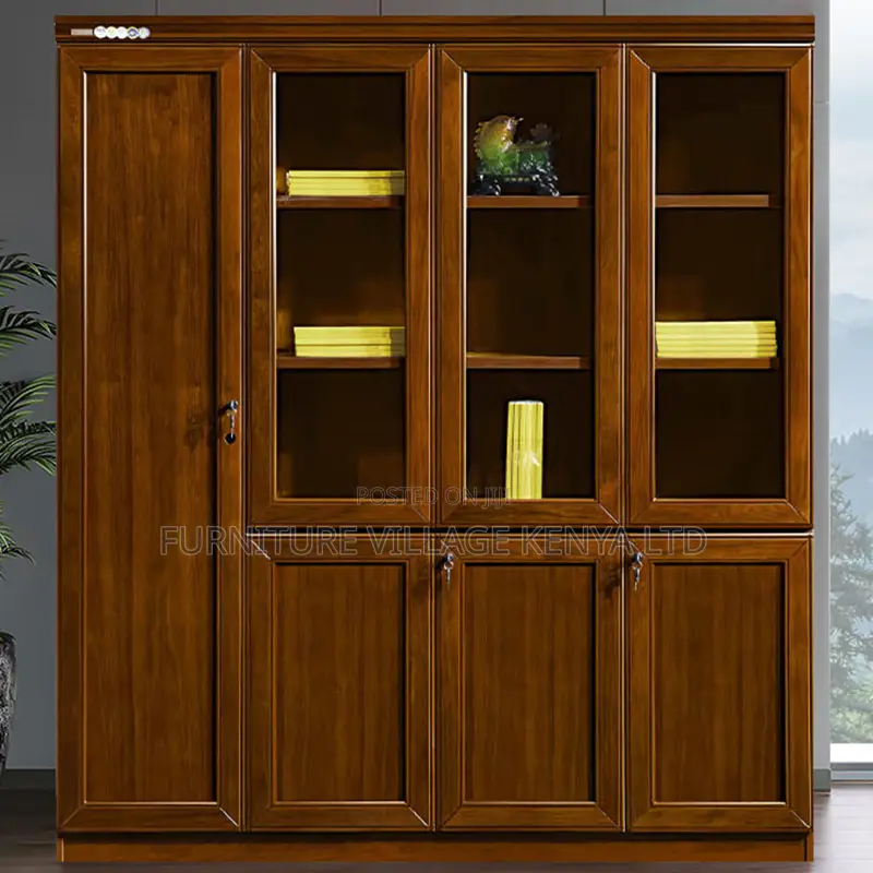2-Door Mahogany Glass Front Shelf Filling Cabinet