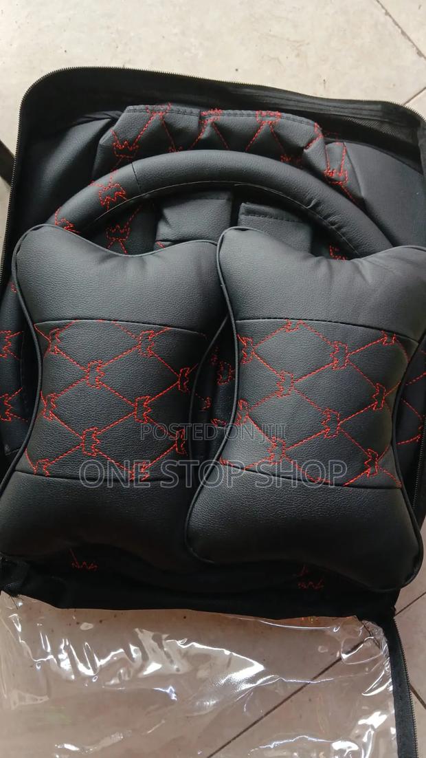 Red Diamond Stitched Pu Leather Seat Cover With Neck Pillow Steering