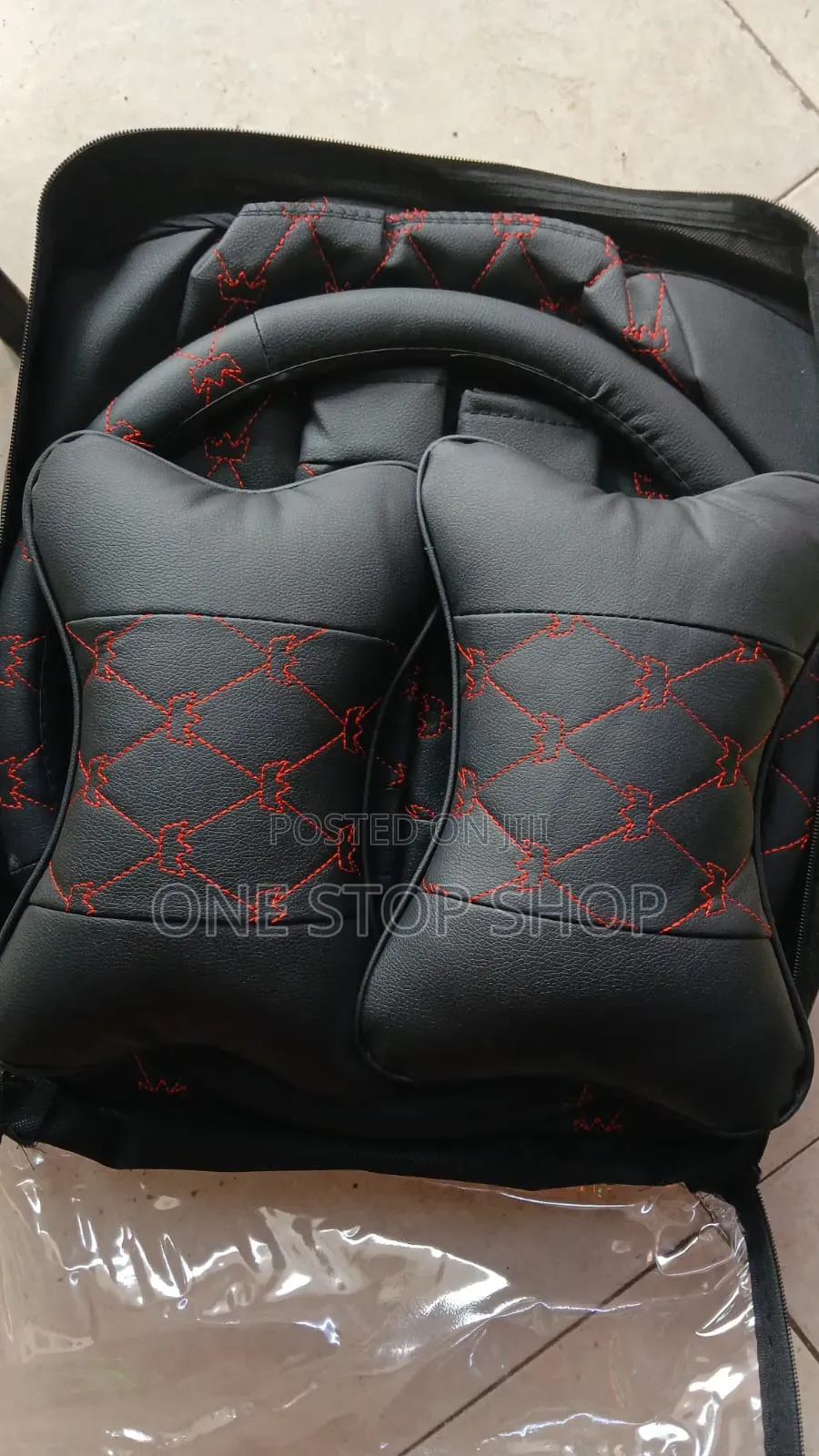 Red Diamond Stitched Pu Leather Seat Cover With Neck Pillow Steering