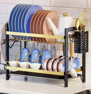 2 Tier Black Gold Kitchen Dish Rack Organizer