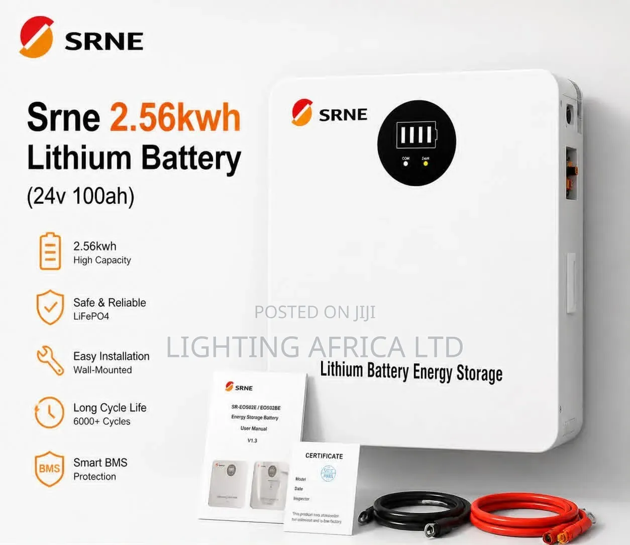 Srne 2.56kwh - 24v (100ah) Lithium Ion Solar Battery for Off-Grid Kits