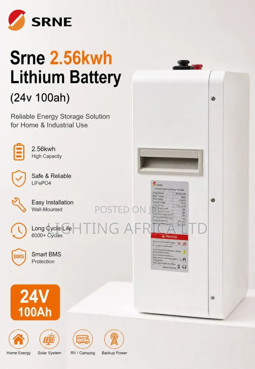 Srne 2.56kwh - 24v (100ah) Lithium Ion Solar Battery for Off-Grid Kits