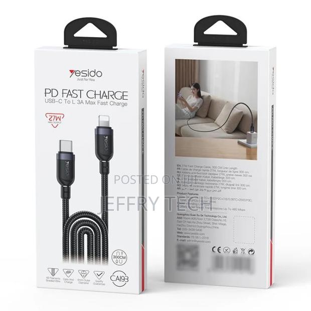 Yesido Ca193 27w Type-C to Lightning Data Cable – 3m (Black) - thumbnail 2