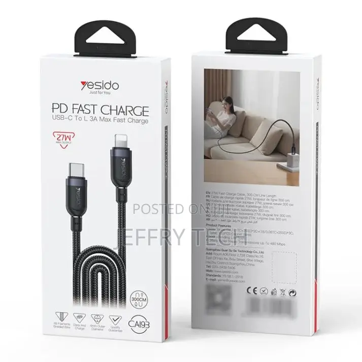 Yesido Ca193 27w Type-C to Lightning Data Cable – 3m (Black)