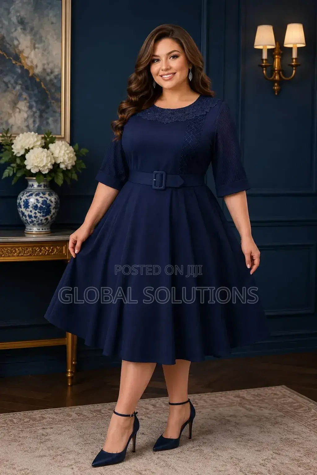 Plus-Size Midi Dress With a Lacy Neckline and Belted Waist