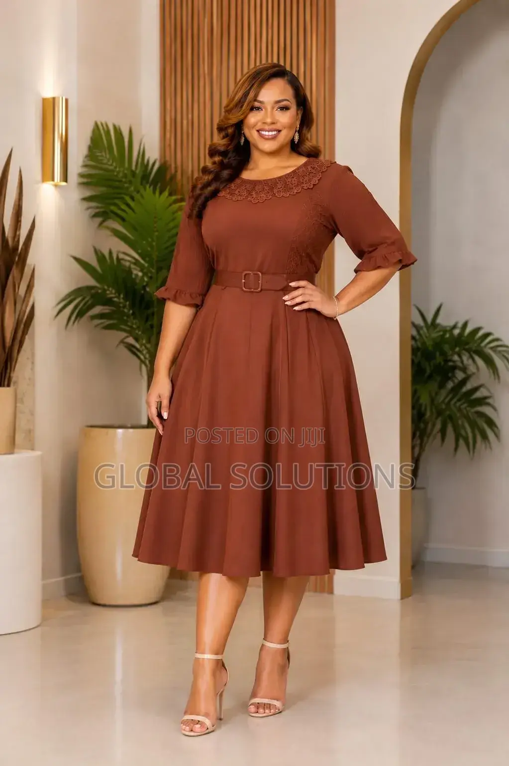 Plus-Size Midi Dress With a Lacy Neckline and Belted Waist