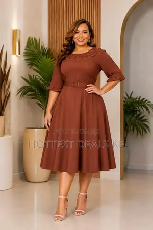 Plus-Size Midi Dress With a Lacy Neckline and Belted Waist