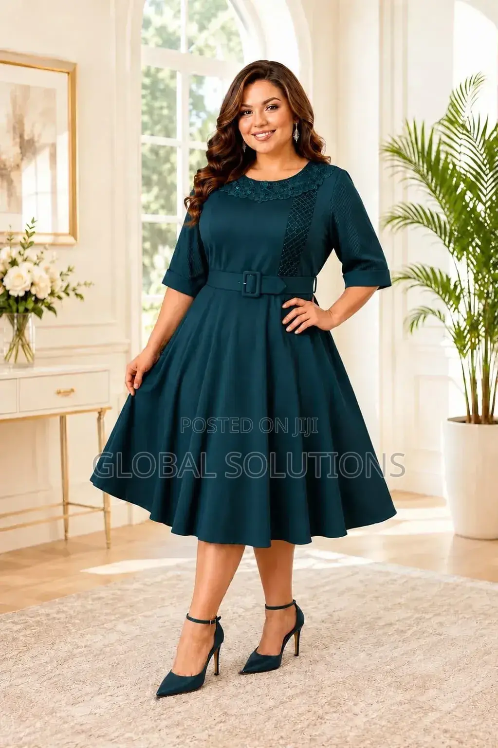 Plus-Size Midi Dress With a Lacy Neckline and Belted Waist
