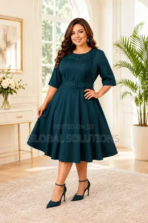 Plus-Size Midi Dress With a Lacy Neckline and Belted Waist