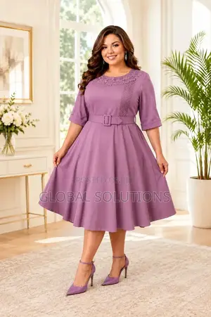 Plus-Size Midi Dress With a Lacy Neckline and Belted Waist