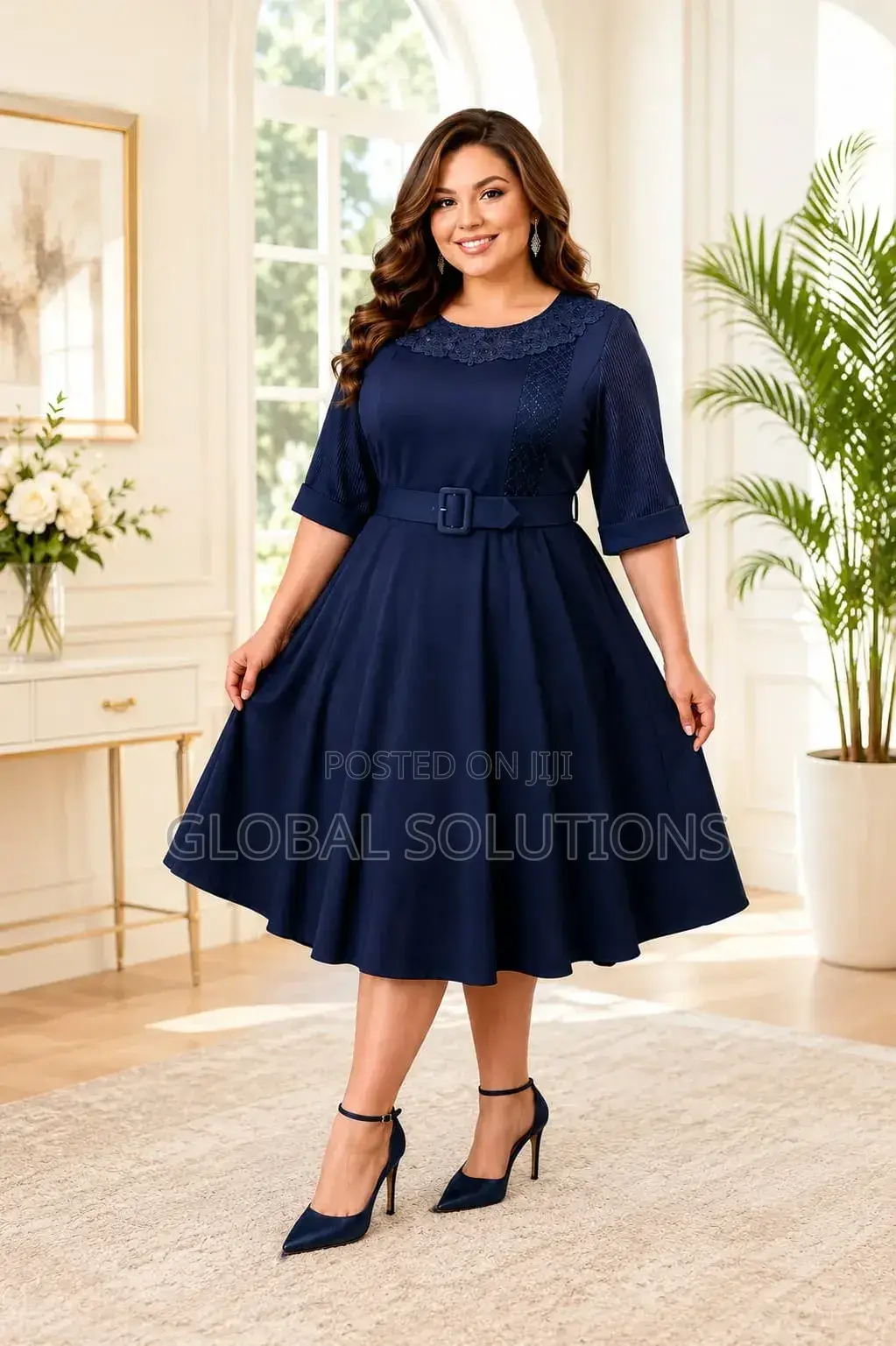 Plus-Size Midi Dress With a Lacy Neckline and Belted Waist