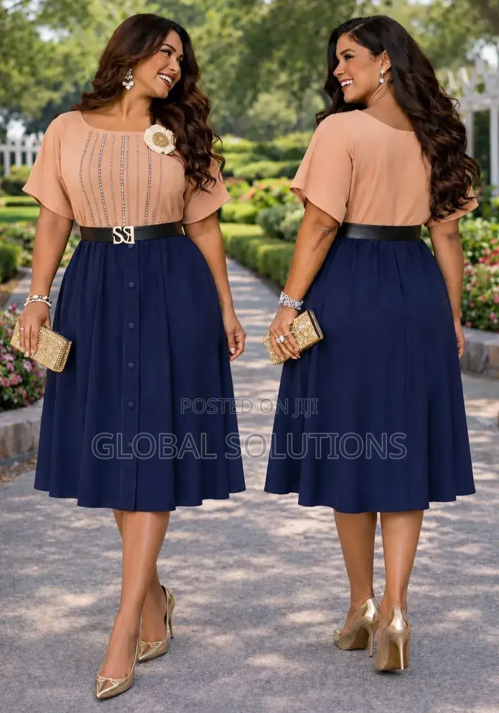Plus-Size Elegant Skater Midi Dress Featuring a Tan Embellished Blouse