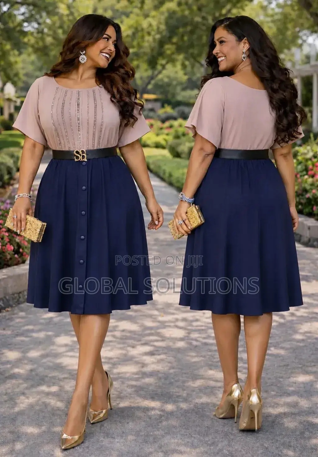 Plus-Size Elegant Skater Midi Dress Featuring a Tan Embellished Blouse