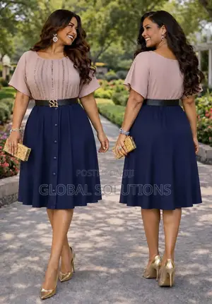 Plus-Size Elegant Skater Midi Dress Featuring a Tan Embellished Blouse