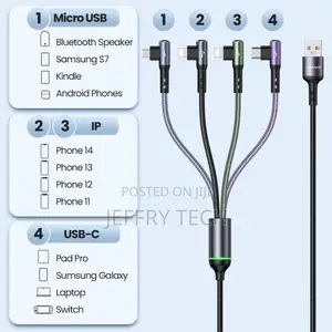 4 in 1 Right Angle Nylon Braided Multi Usb Charger Cable Multiple Fast
