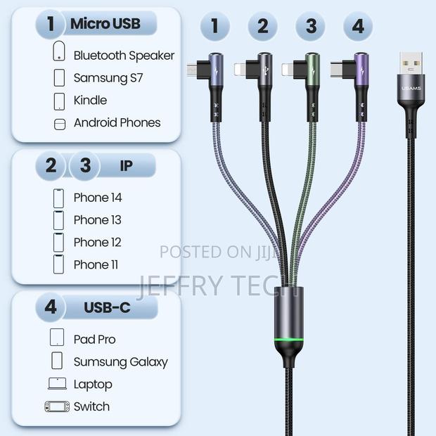 4 in 1 Right Angle Nylon Braided Multi Usb Charger Cable Multiple Fast - thumbnail 2