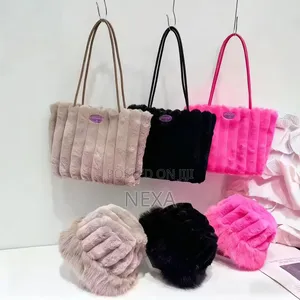 Ladies Luxury Fur Handbags-Pink Black Cream