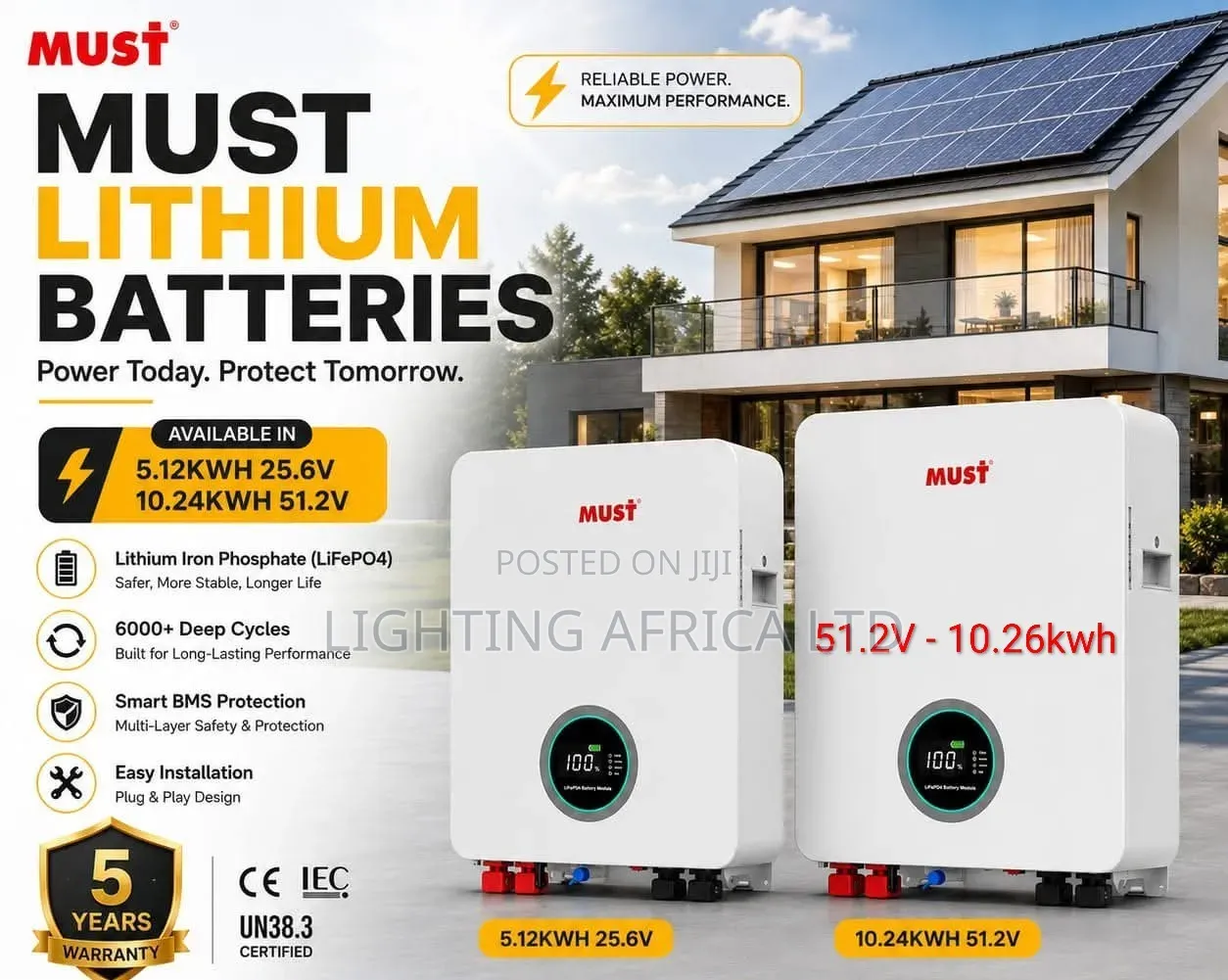 Must 51.2v - 10.26kwh Lithium Ion Battery 6000 Cycle. 5 Years Warranty