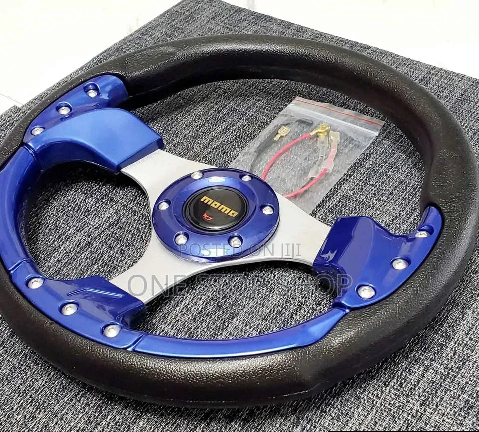 Three Spoke Design Blue Silver Momo Racing Style Steering Wheel