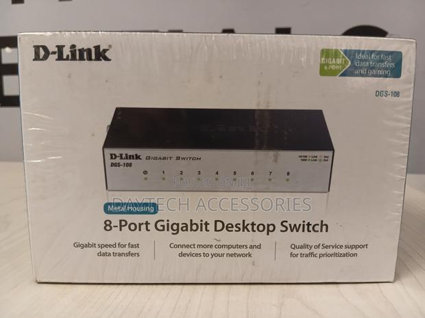 D-Link DGS-108 8-Port Gigabit Desktop Switch in a Metal Housing.
