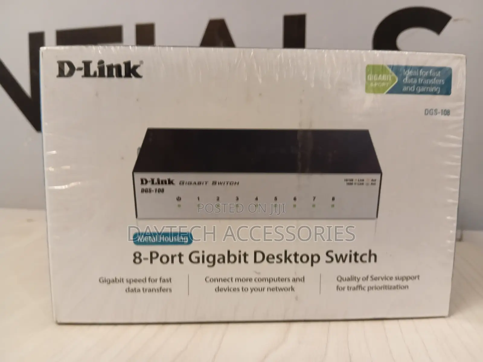 D-Link DGS-108 8-Port Gigabit Desktop Switch in a Metal Housing.