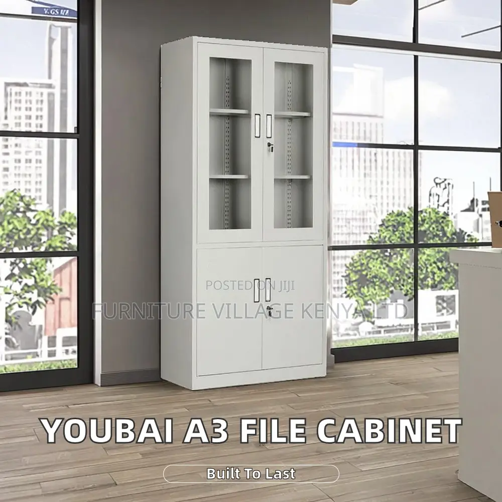 2-Door White Steel Glass Front Display File Cabinet