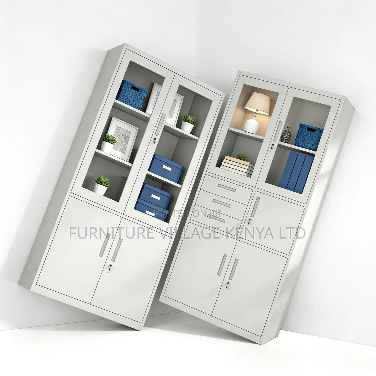 2-Door White Steel Glass Front Display File Cabinet