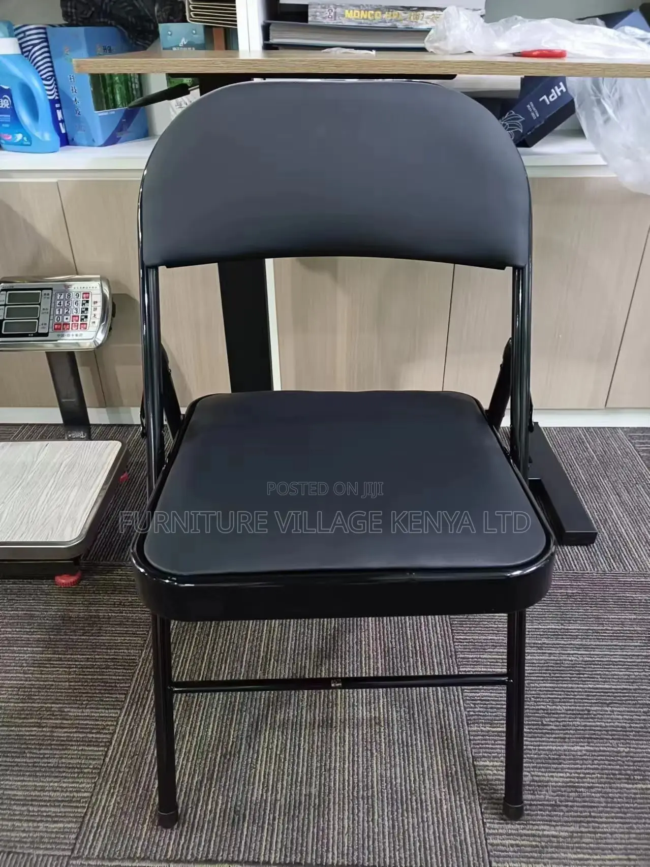 Black Armless Leather Padded Folding Desk Chair