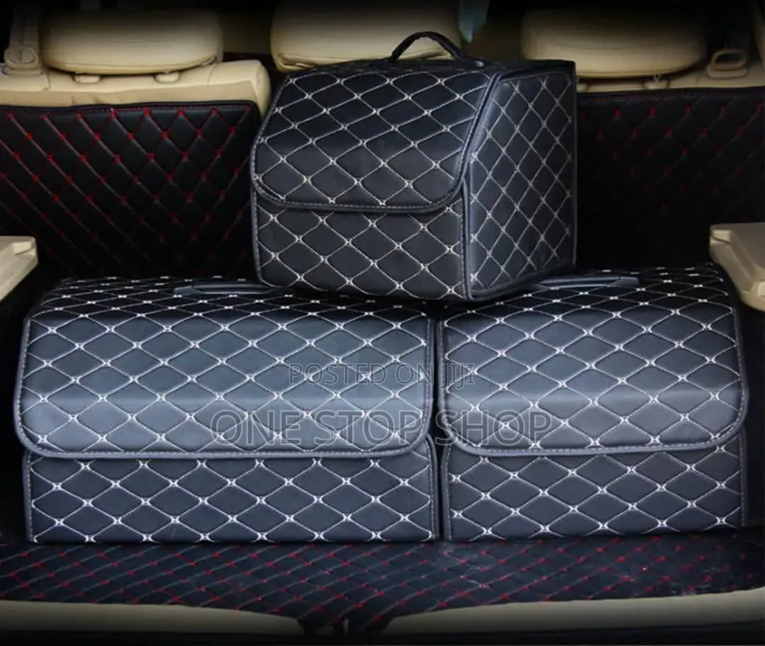 Leather Car Trunk Organizer With White Quilted Diamond Stitch Pattern