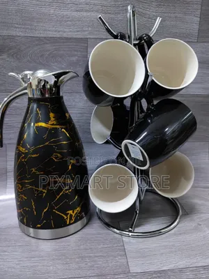 2l Marble Flask With 6pcs Black Mug Breakfast Set