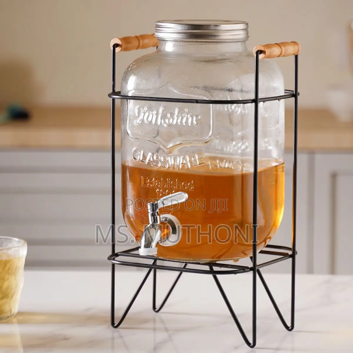 8l Caged Glass Juice Dispenser W/ Wooden Handle Grips