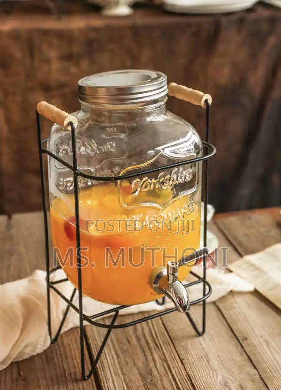 8l Caged Glass Juice Dispenser W/ Wooden Handle Grips