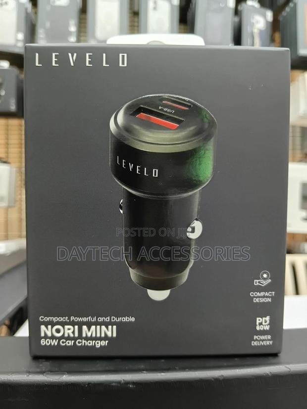 Levelo Nori Mini 60w Car Charger Featuring a Compact Gun Grey Design.