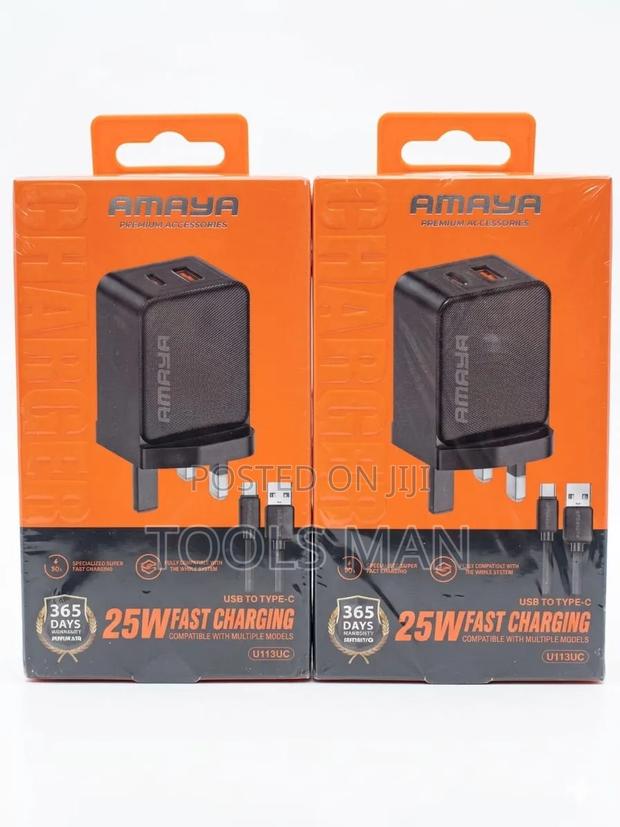 Amaya 25w Fast Charger With Type-C Cable - Dual Port Wall Adapter.