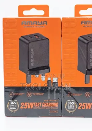 Amaya 25w Fast Charger With Type-C Cable - Dual Port Wall Adapter.